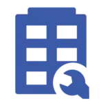 A blue line-art icon featuring a stylized office building with a circular shape containing a wrench, symbolizing building maintenance and recommissioning.