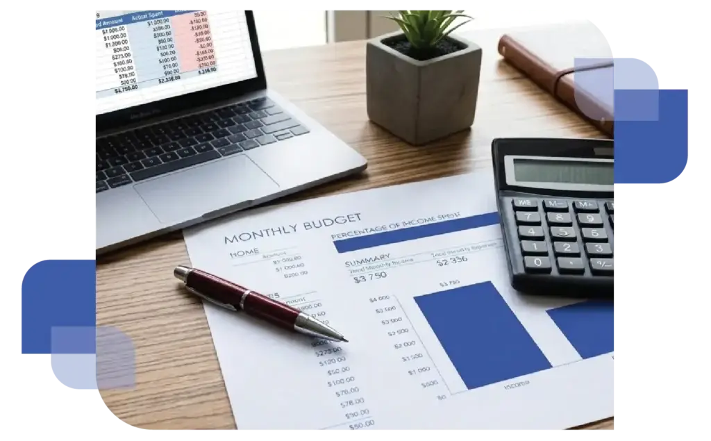 A wooden office desk with a calculator and pen resting on top of a "Monthly Budget" financial document and a computer monitor with a colorful graph representing cost-effective energy planning.