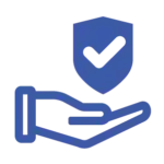 Blue line-art icon depicting a cupped hand supporting a shield with a checkmark inside, symbolizing Enpira's culture of integrity.