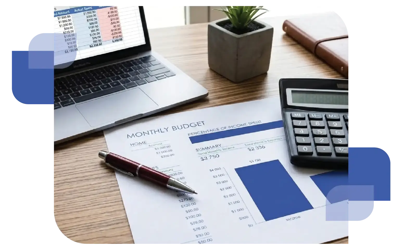 A wooden office desk with a calculator and pen resting on top of a "Monthly Budget" financial document and a computer monitor with a colorful graph representing cost-effective energy planning.