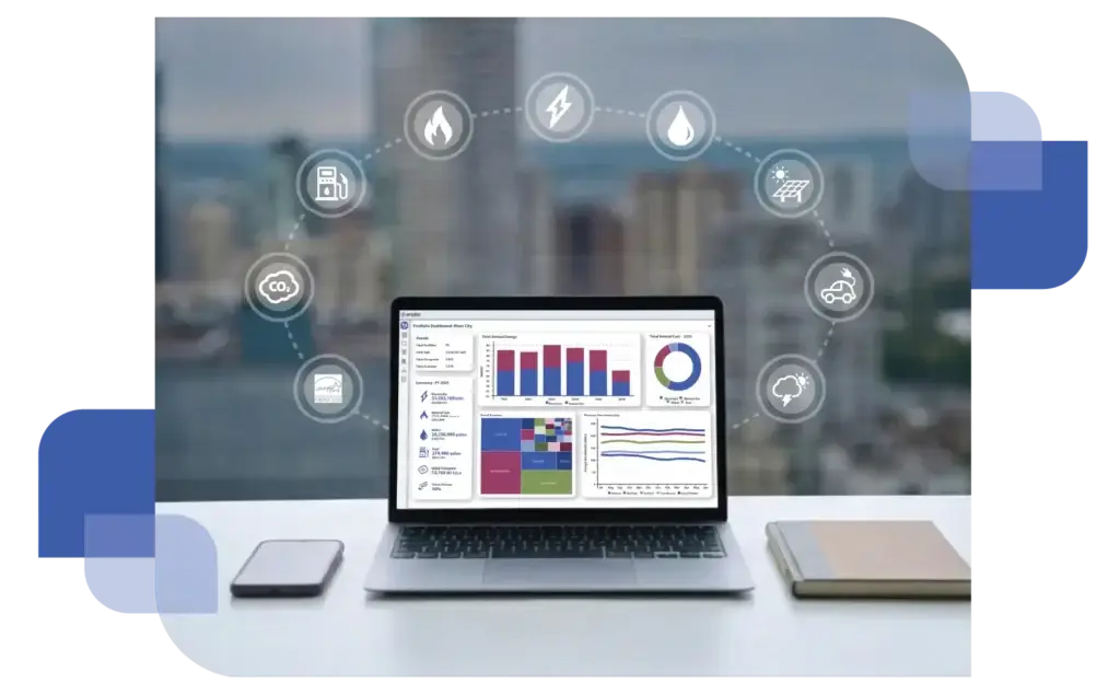A professional workspace featuring a laptop displaying energy data charts, surrounded by digital icons representing cloud data, connectivity, and automated utility tracking.