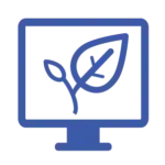 Blue line-art icon of a desktop computer monitor displaying a large leaf, symbolizing digital sustainability reporting.