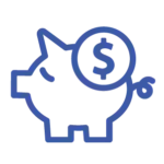 A stylized blue piggy bank icon with a dollar sign, representing utility cost reduction and financial savings.