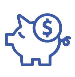 A stylized blue piggy bank icon with a dollar sign, representing utility cost reduction and financial savings.