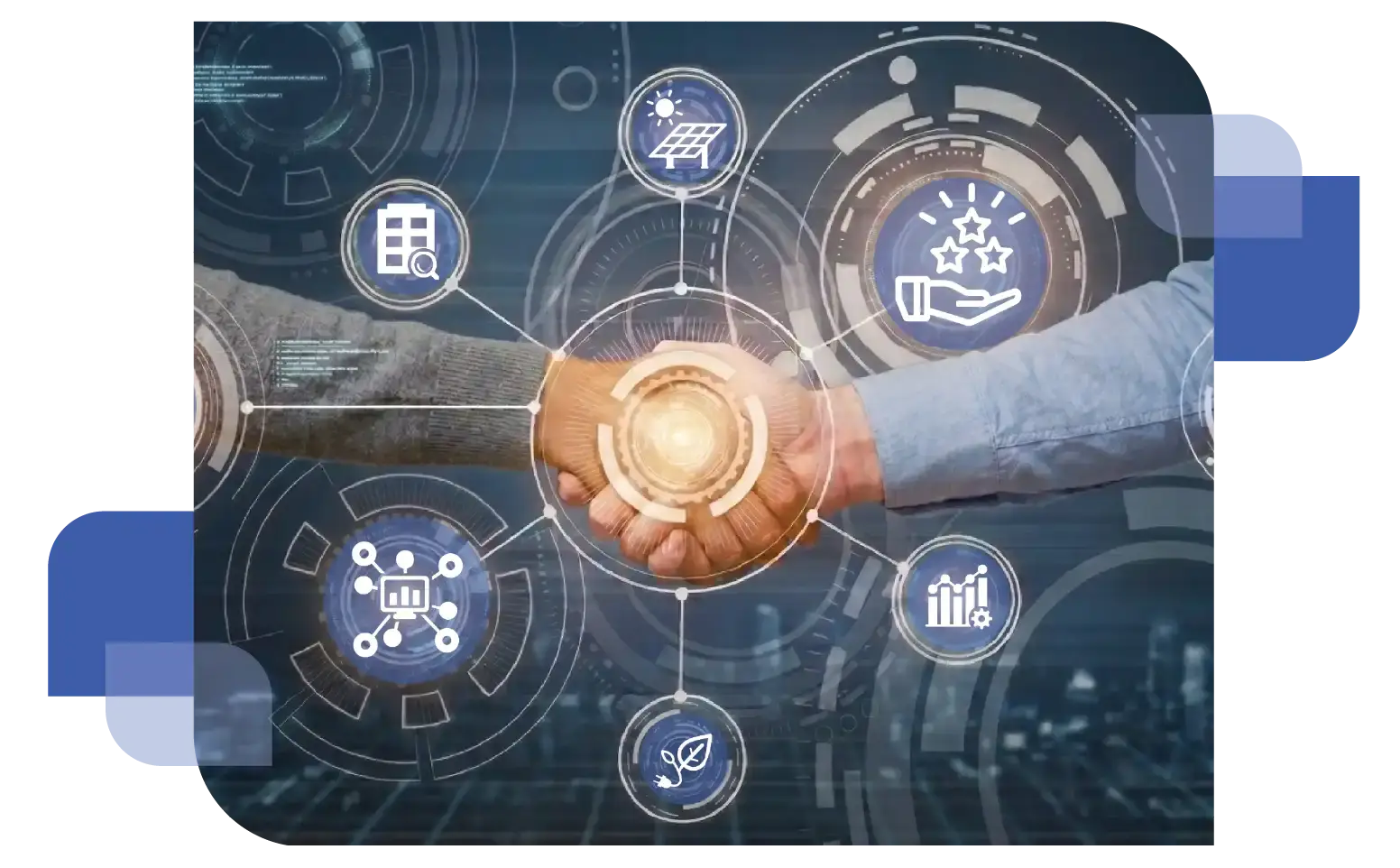 A conceptual digital montage representing energy management, featuring a glowing central hub connected to various icons including a lightbulb, a factory, a residential house, and data transmission symbols, all set against a dark blue technological background.