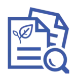 A blue line-art icon showing two overlapping document pages with horizontal text lines. The front page features a stylized leaf in the top-left corner and a large magnifying glass in the bottom-right corner, symbolizing a sustainability report or environmental data audit.