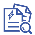 Blue line-art icon of a document featuring a lightning bolt inside a shield on the top left, horizontal text lines, and a magnifying glass at the bottom right, symbolizing utility bill auditing and validation.